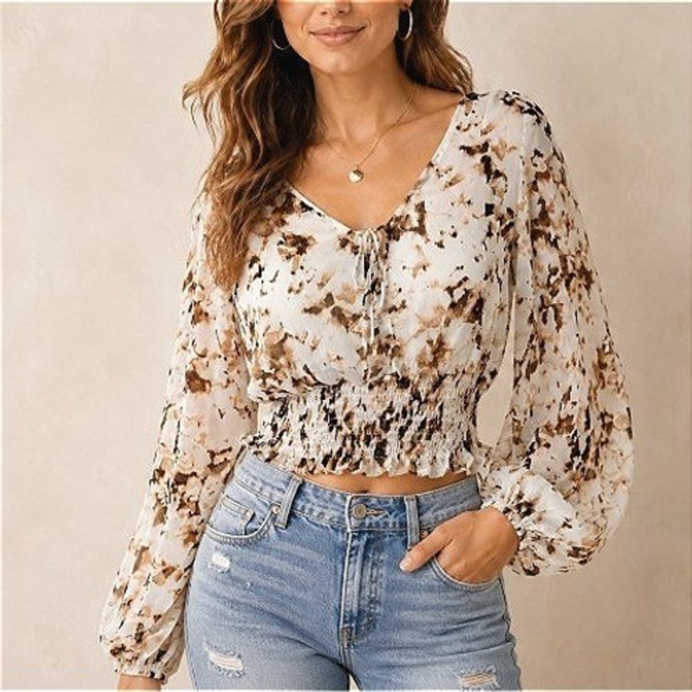 Express White Brown Smocked Crop Peasant Blouse Boho Cottage Country Blouse L